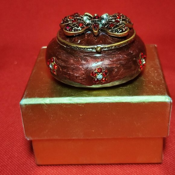 Vintage Trinket Box Burgundy Bejeweled Rhinestones Butterfly Design - Picture 3 of 12